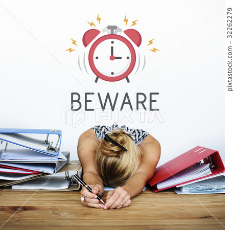illustration of alarm clock wakes tired woman up 32262279