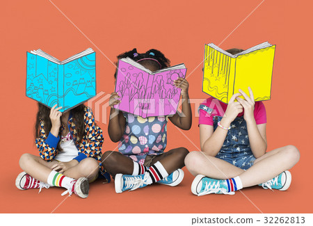 Children Girlfriends Reading Book Education Togetherness Studio Portrait Children Girlfriends Reading Book Education Togetherness Studio Portrait 32262813