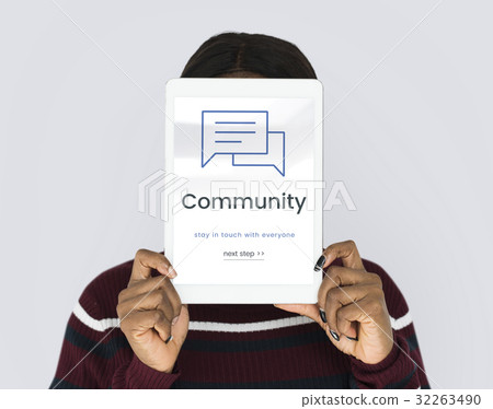 Man working on network graphic overlay digital device covering face Man working on network graphic overlay digital device covering face 32263490