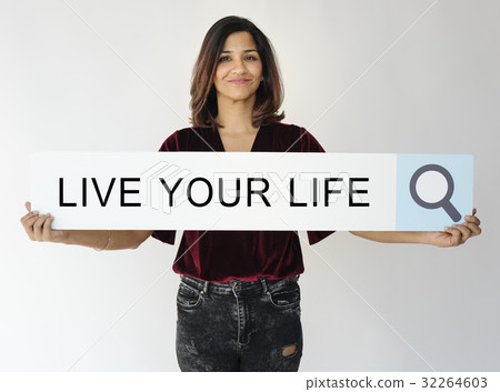 Woman holding banner network graphic overlay Woman holding banner network graphic overlay 32264603