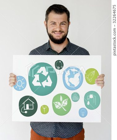 Adult Man with Recycle Sign Eco Friendly Save Earth Word Graphic Adult Man with Recycle Sign Eco Friendly Save Earth Word Graphic 32264675
