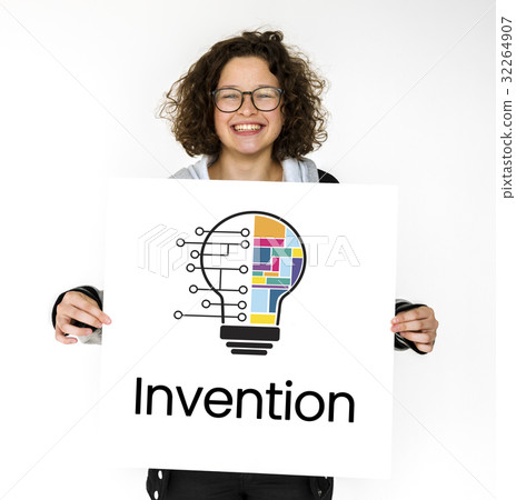 Woman holding billboard network graphic overlay 32264907