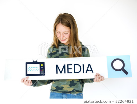 Woman holding banner network graphic overlay 32264921