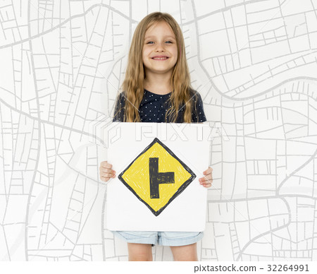 Young girl holding network graphic overlay banner 32264991