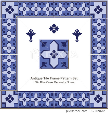 Antique tile frame set Blue Cross Geometry Flower 32269684
