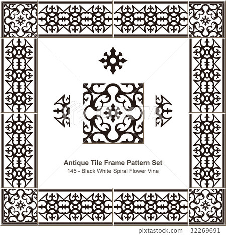 Antique tile frame Black White Spiral Flower Vine 32269691