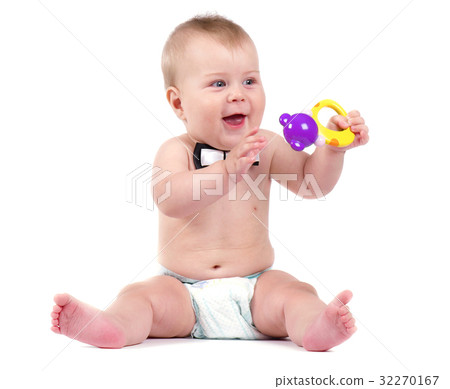 Cute cheerful crawling baby boy with a toy Cute cheerful crawling baby boy with a toy 32270167