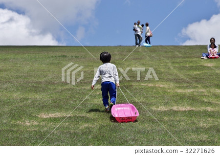 Children playing sledge at summer highland 32271626