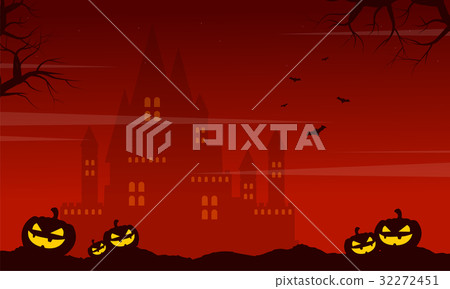 Halloween on red background with castle Halloween on red background with castle 32272451