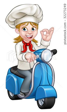 Cartoon Woman Delivery Moped Chef Cartoon Woman Delivery Moped Chef 32273249