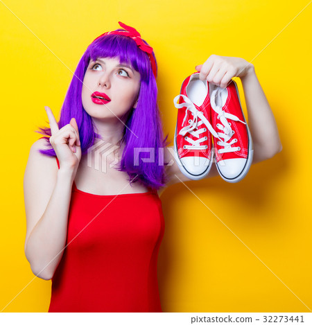 girl with purple color hair and sneakers girl with purple color hair and sneakers 32273441