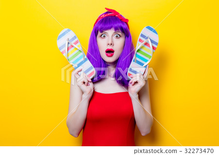 girl with purple color hair and sandal flip flops girl with purple color hair and sandal flip flops 32273470