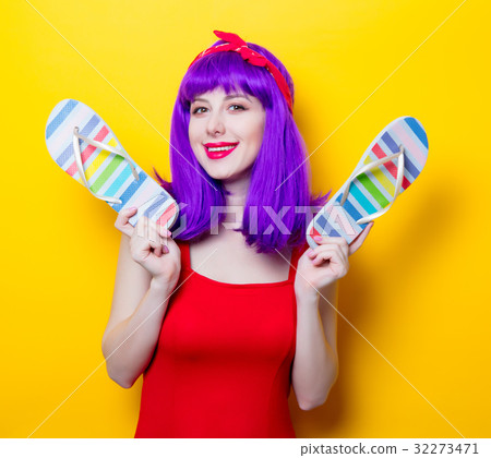 girl with purple color hair and sandal flip flops girl with purple color hair and sandal flip flops 32273471