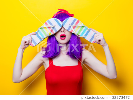 girl with purple color hair and sandal flip flops 32273472