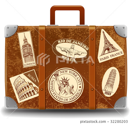 Vintage threadbare suitcase with retro sticker Vintage threadbare suitcase with retro sticker 32280203