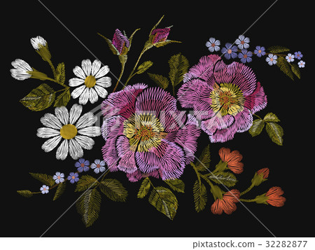 Embroidery colorful floral pattern with dog rose Embroidery colorful floral pattern with dog rose 32282877