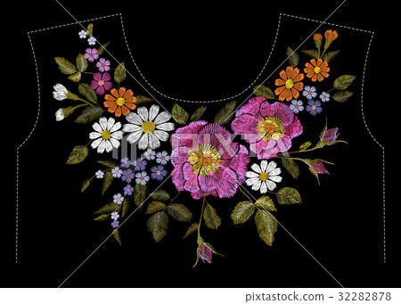 Embroidery colorful floral pattern with dog rose 32282878