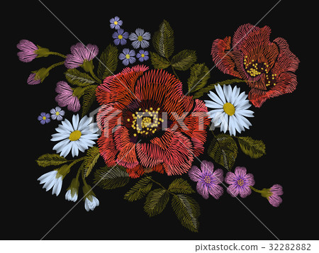Embroidery colorful floral pattern with poppy Embroidery colorful floral pattern with poppy 32282882