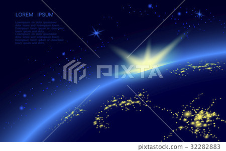 A planet in blue space full of stars. The sun rise 32282883
