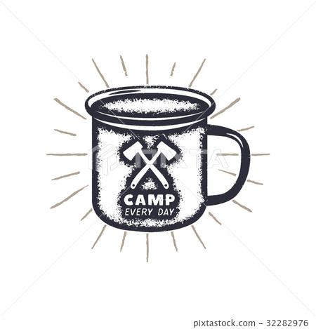 Hand drawn camping mug shape, sunbursts label with 32282976