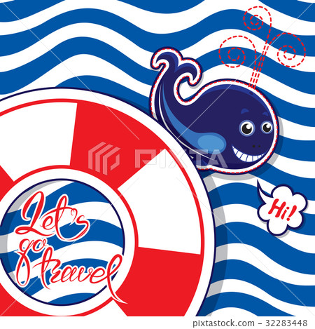 Funny seasonal Card with blue whale on striped Funny seasonal Card with blue whale on striped 32283448