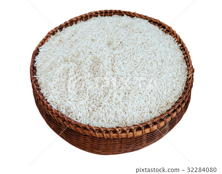 Sticky rice grains in basket isolated on white 32284080