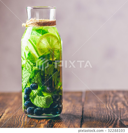 Water Infused with Lime, Mint and Blueberry. 32288103