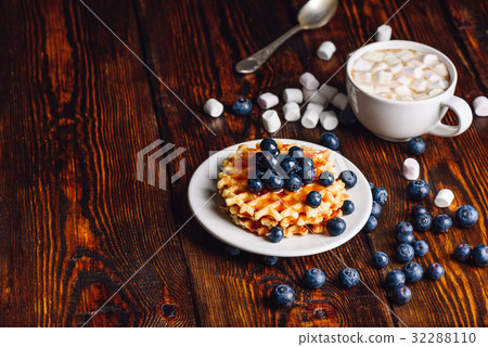 Waffles with Blueberry and Cup of Coffee. 32288110