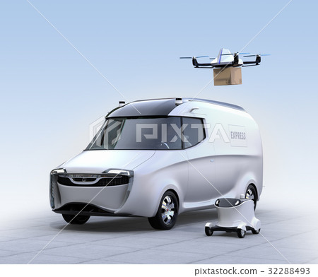 自動駕駛送貨車,交付無人機和機器人。最後一英里概念 自動駕駛送貨車,交付無人機和機器人。最後一英里概念 32288493