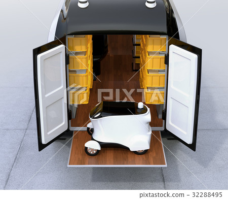 Dispatch automatic delivery robot with delivery gate of power delivery van and image to deliver baggage. Last Mile Concept Dispatch automatic delivery robot with delivery gate of power delivery van and image to deliver baggage. Last Mile Concept 32288495