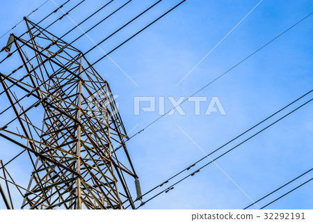 Close up view of high voltage tower with cables 32292191