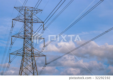 Close up view of high voltage tower with cables 32292192