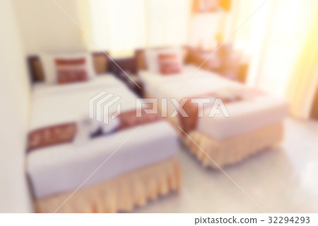 blur hotel bed bedroom double bed white clean hotel room for background. 32294293