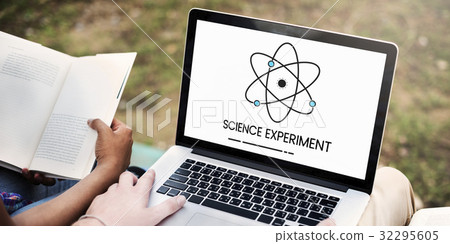 Hands working on laptop network graphic overlay 32295605