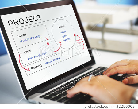 Hands working on laptop network graphic overlay 32296003