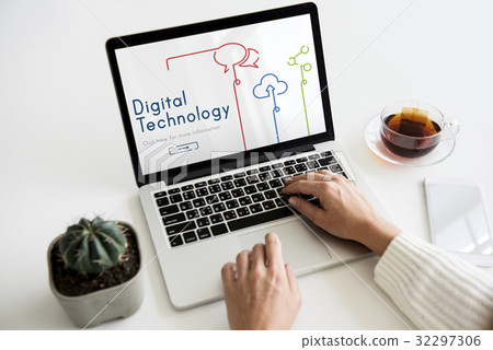 Hands working on laptop network graphic overlay 32297306