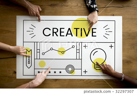 Hands working on billboard network graphic overlay on table Hands working on billboard network graphic overlay on table 32297307