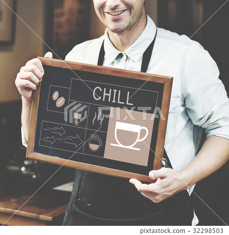 Coffee shop owner holding advertising banner Coffee shop owner holding advertising banner 32298503