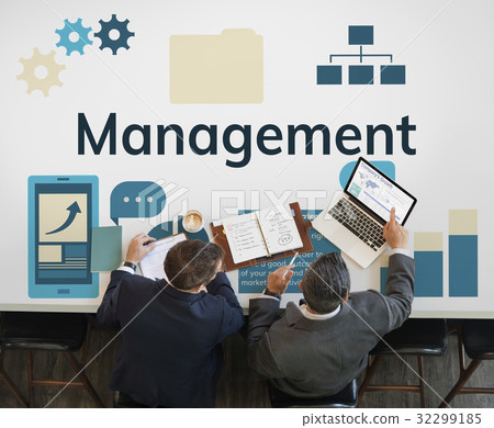 Workers working on laptop network graphic overlay banner on desk 32299185