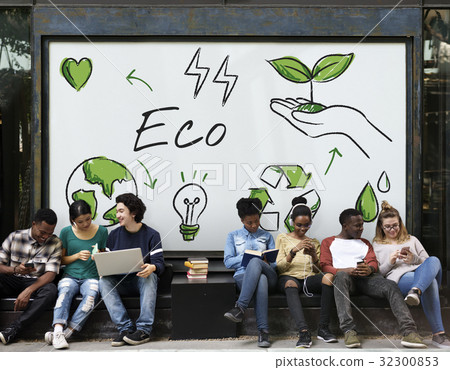 Diverse students sitting with environmental graphic background Diverse students sitting with environmental graphic background 32300853