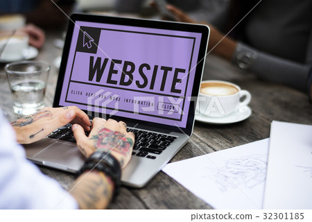 Hand using laptop with digital website graphic Hand using laptop with digital website graphic 32301185