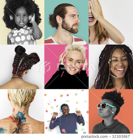 Set of Diversity People Face Expression Lifestyle Studio Collage 32303867