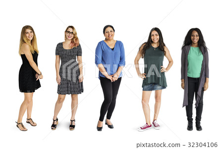 Diverse group of cheerful girls standing in a row Diverse group of cheerful girls standing in a row 32304106