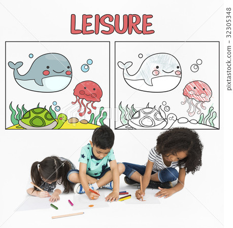 Children working on drawing pad network graphic overlay background Children working on drawing pad network graphic overlay background 32305348