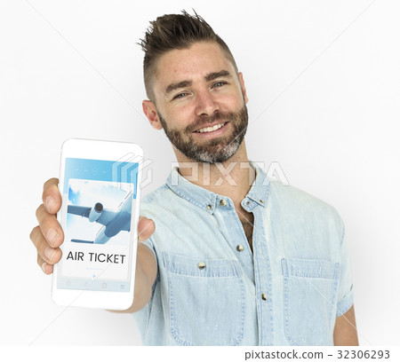 Illustration of air ticket booking for travel destination on mobile phone Illustration of air ticket booking for travel destination on mobile phone 32306293