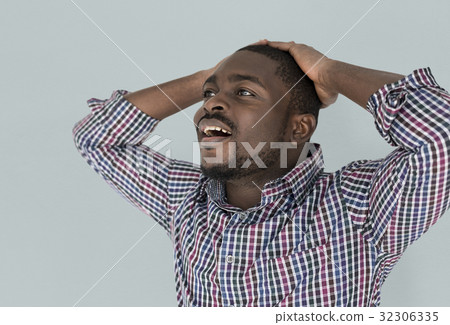 African Descent Man Fret Hand Gesture 32306335