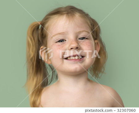 Caucasian Little Girl Bare Chested Smiling Caucasian Little Girl Bare Chested Smiling 32307060
