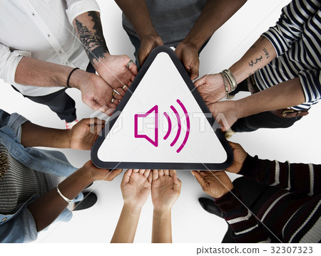 Speaker button icon graphic with people studio shoot 32307323
