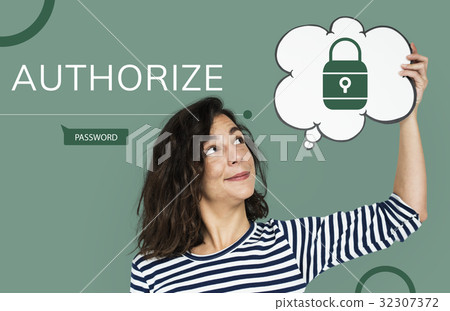 Woman with illustration of computer security system Woman with illustration of computer security system 32307372