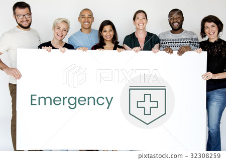 People holding network graphic overlay billboard together 32308259